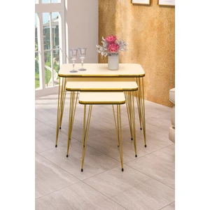 Gold Falez Metal Ayaklı Gold Renk Zigon Sehpa Seti Özel Üretim PVC Kenar Bantlı 37x60x55 cm Salon Dekor
