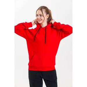 Kırmızı Kapüşonlu Kanguru Cepli Basic Sweatshirt
