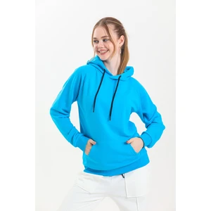 Turkuaz Kapüşonlu Kanguru Cepli Basic Sweatshirt