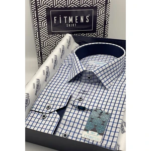 Erkek Klasik Uzun Kol Renkli Kareli Kutulu Gömlek - Beyaz Lacivert