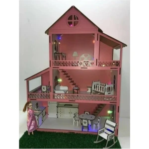 Mys Ahşap Işıklı ve Bahçeli Ahşap Barbie Bebek Oyun Evi