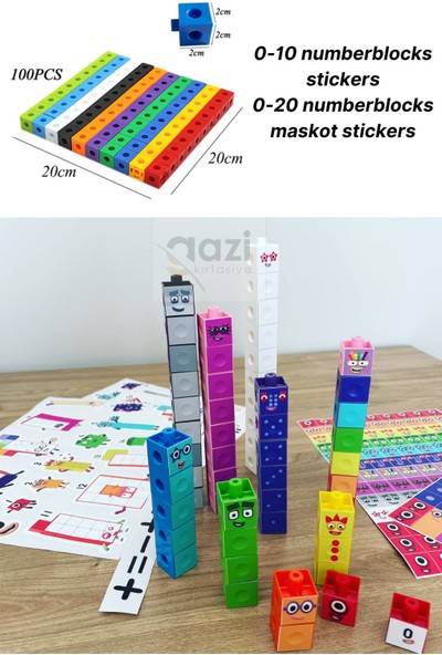 Gazi Kırtasiye Numberblocks 100 Parça Geçmeli Matematik Küpleri - Snapcubes / 0-10 Stickers ve 0-20 Maskot Stickers