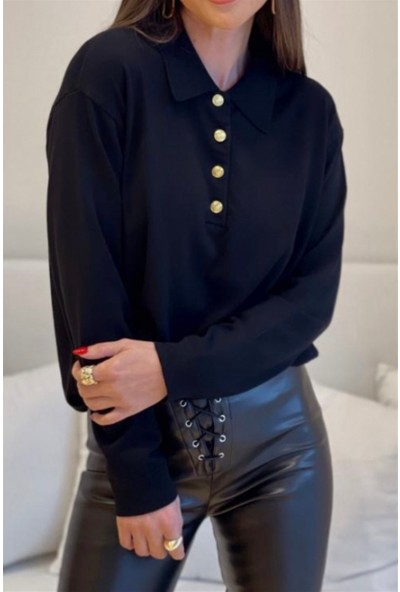 Ritnice Kadın Siyah Gold Düğme Detaylı Premium Doku Polo Yaka Triko Kazak