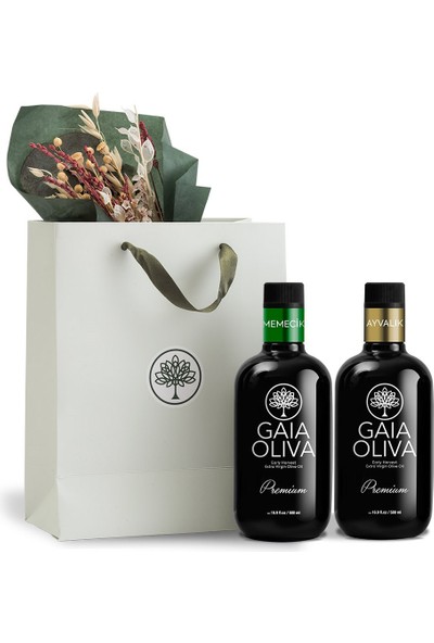 Gaia Oliva Premium Memecik ve Ayvalık Erken Hasat Natürel Sızma Zeytinyağı ve El Yapımı Çiçekli Set (Yeni Hasat)