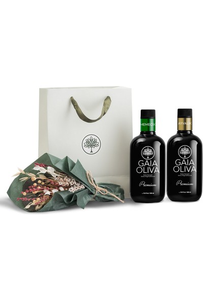 Gaia Oliva Premium Memecik ve Ayvalık Erken Hasat Natürel Sızma Zeytinyağı ve El Yapımı Çiçekli Set (Yeni Hasat)