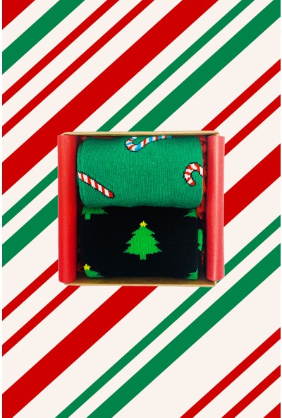 17 Gift Box Yılbaşı Hediye Kutusu 2'li Yeni Yıl Çam Ağacı ve Baston Şeker Konseptli Çorap Kutusu