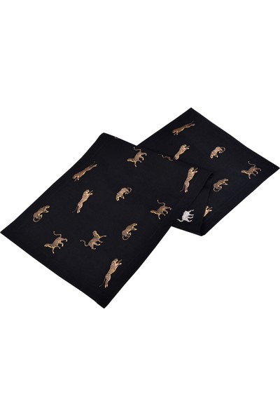 Ge Living Leopar Desenli Dekoratif Siyah Keten Runner - 40 cm 120 cm