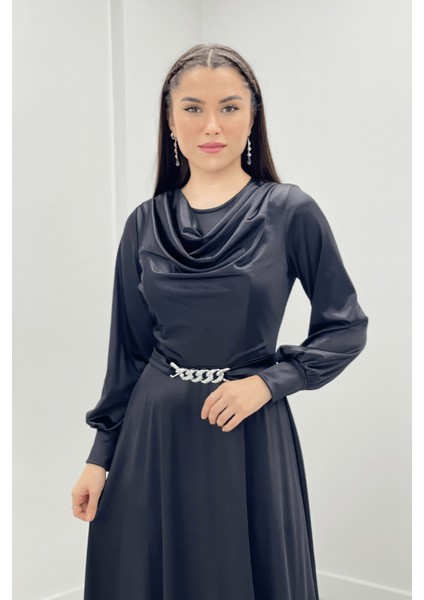 Saten Kumaş Degaje Yaka Abiye Elbise - Siyah modelleri