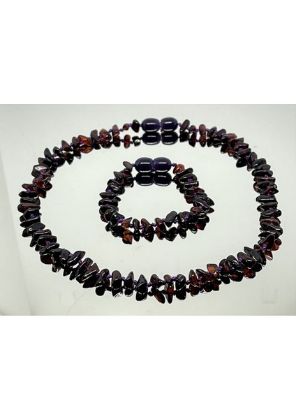 Damla Kehribar Vişne Renk Uzun Kesim Bebek Kolye Bileklik Set modelleri