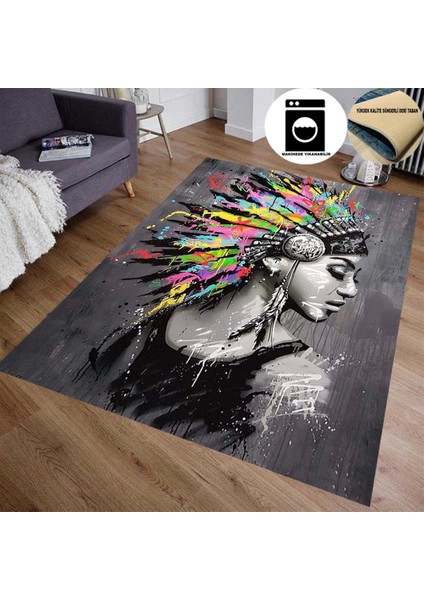 Kızılderili Kadın Desenli Özel Süngerli Yüzey Halı - Deri Taban