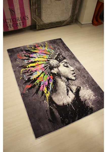 Kızılderili Kadın Desenli Özel Süngerli Yüzey Halı - Deri Taban fırsatları