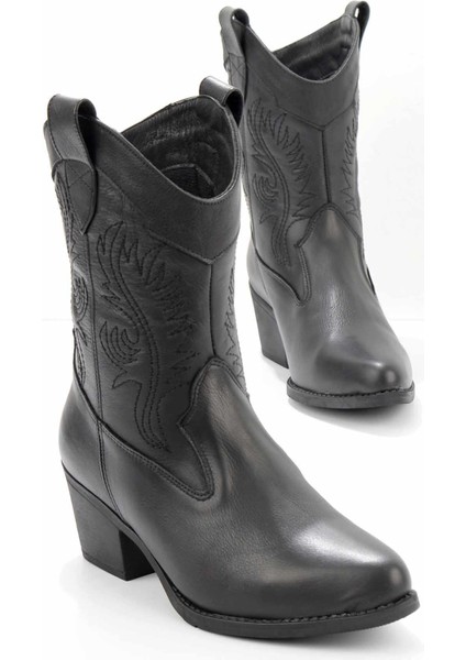 Siyah Deri Kadın Bot & Bootie K02586888803