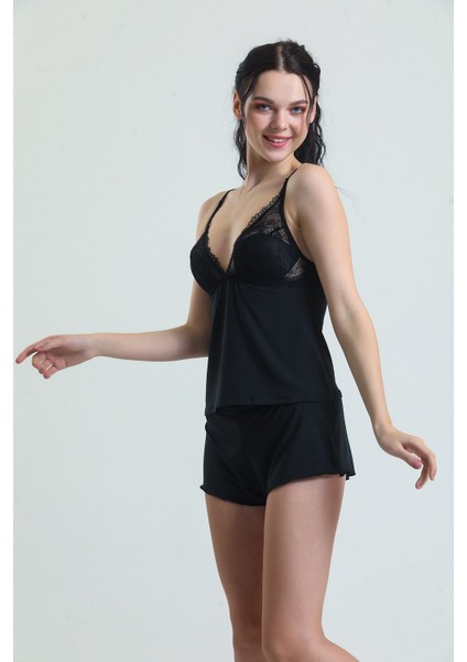 17378 Kadın Dantelli Modal Ip Askılı Şort Takım-Siyah fiyatları