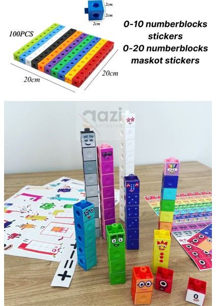 Gazi Kırtasiye Numberblocks 100 Parça Geçmeli Matematik Küpleri - Snapcubes / 0-10 Stickers ve 0-20 Maskot Stickers