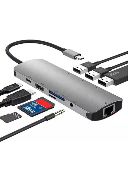 Hb-10 9in1 Macbook Uyumlu Type-C To Gigabit Ethernet-4k HDMI Çevirici Dönüştürücü Adaptör