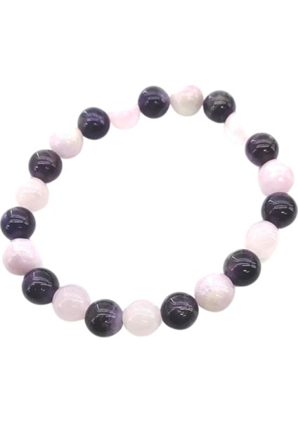 Sertifikalı Kunzit, Pembe Kuvars, Ametist Doğal Taş Bileklik 8 mm