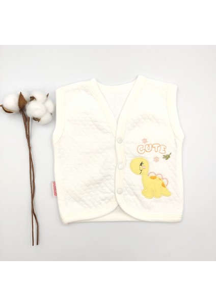 Kapitone Bebek Yelek Krem Dinazor Desenli %100 Cotton