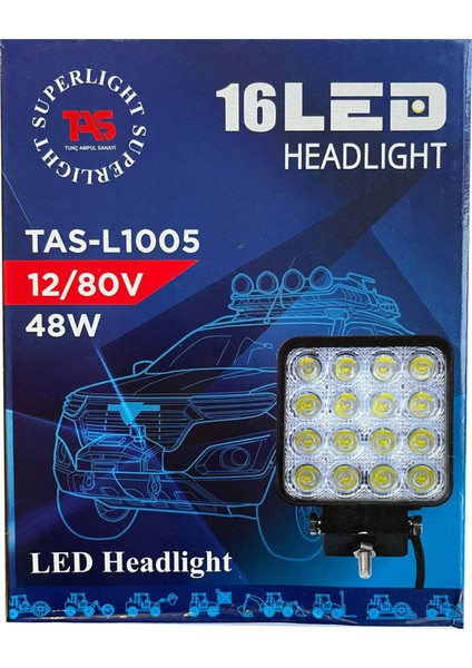 16 LED Kare (1 Adet) İş Makinesi Çalışma Lambası Off Road Farı KALIN KASALI