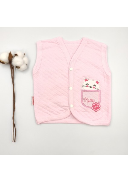 Kapitone Bebek Yelek Pembe Kedi Desenli %100 Cotton