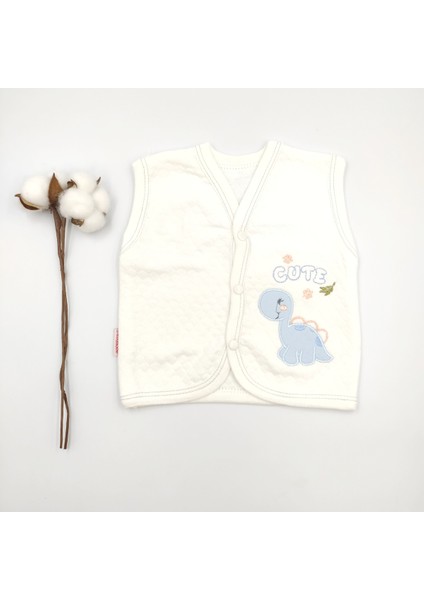 Kapitone Bebek Yelek Krem Dinazor Desenli %100 Cotton