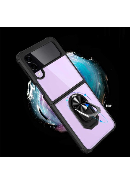 Samsung Galaxy Z Flip 4 Uyumlu Kılıf Armor Serisi Manyetik Yüzüklü Renkli Köşe Korumalı Şeffaf Silikon Mola Siyah