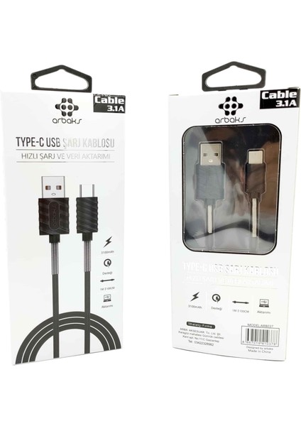 Type-C 3.1A Siyah Yaylı USB Şarj Kablosu Arbaks ARB037