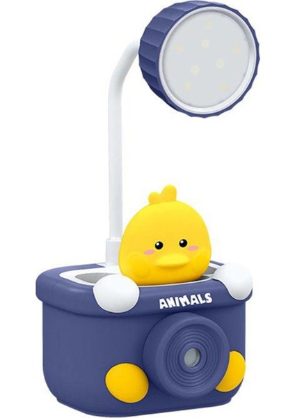 Sevimli Hayvanlar Şarjlı Kalemlikli Masa Lambası USB LED Işıklı Kalemtraşlı Mavi Kalemlik Lamba