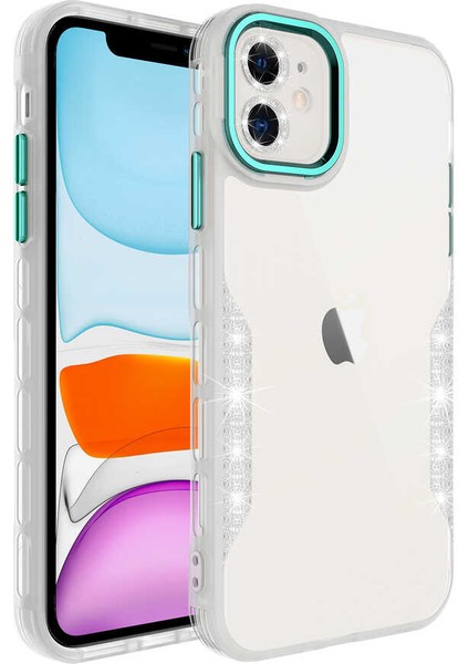 Apple iPhone 11 Kılıf Simli ve Lens Korumalı Pano Kapak Yeşil