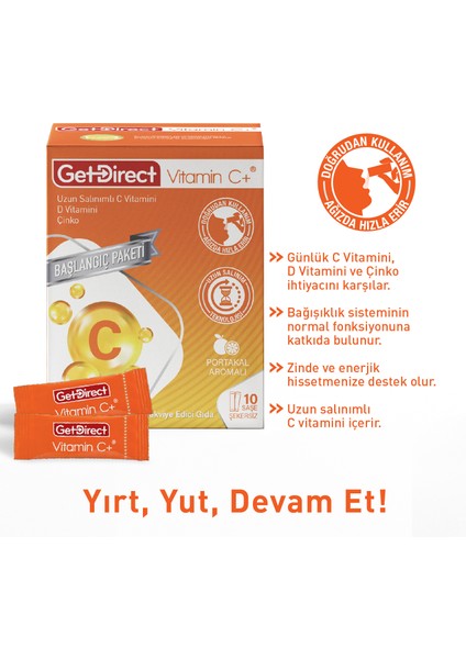 Vitamin C+ 1000 Mg C Vitamini, D Vitamini, Çinko 10 Saşe – Uzun Salınımlı C Vitamini, Susuz Kullanım