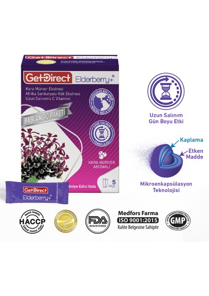 Elderberry+ Karamürver ve Afrika Sardunyası 5 Şase – Uzun Salınımlı C Vitamini, Susuz Kullanım