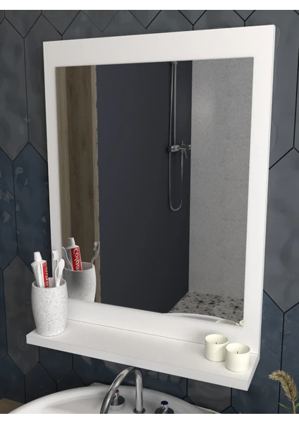 Sezer Mobilya Raflı Dikey Ayna 60X45CM Beyaz Dresuar Koridor Duvar Salon Banyo Wc Ofis Yatak Odası Aynası dikey