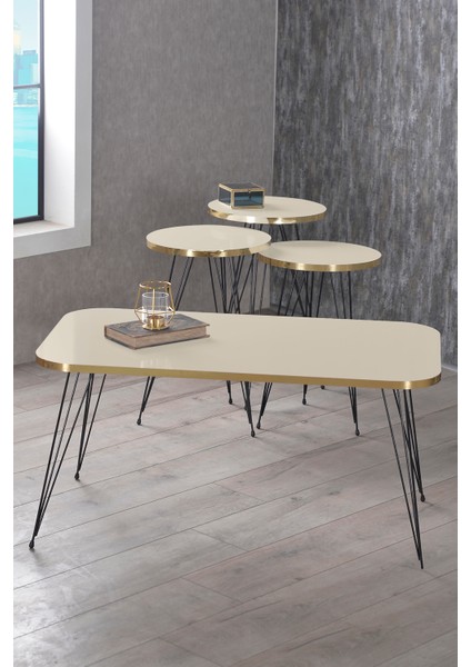 Zigon Sehpa ve Orta Sehpa Kr Set Siyah Tel Ayak Altın Krem