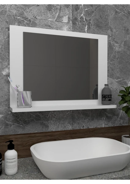 Sezer Mobilya  Beyaz Raflı Banyo Aynası Dresuar  Koridor Duvar Salon Wc Ofis Yatak Odası Ayna 60X45CM