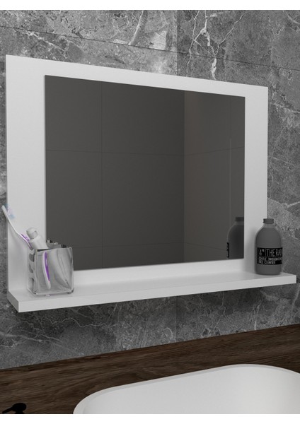 Sezer Mobilya  Beyaz Raflı Banyo Aynası Dresuar  Koridor Duvar Salon Wc Ofis Yatak Odası Ayna 60X45CM