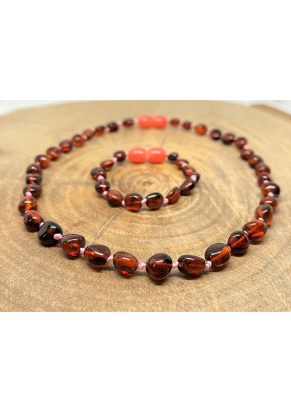 Damla Kehribar Vişne Renk Bebek Kolye Bileklik Set