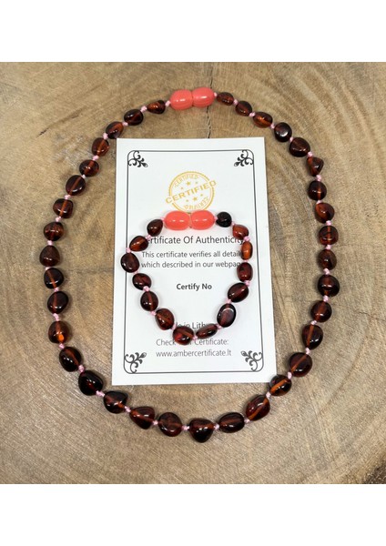 Damla Kehribar Vişne Renk Bebek Kolye Bileklik Set modelleri