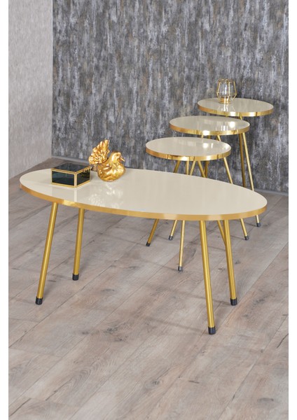 Zigon Sehpa ve Orta Sehpa Elips Gold Metal Ayak Gold Krem Set