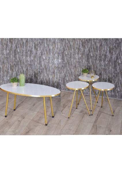 Zigon Sehpa ve Orta Sehpa Elips Gold Metal Ayak Gold Beyaz Set