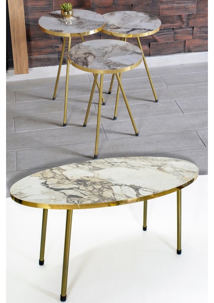 Zigon Sehpa ve Orta Sehpa Elips Gold Metal Ayak Gold Efes Set
