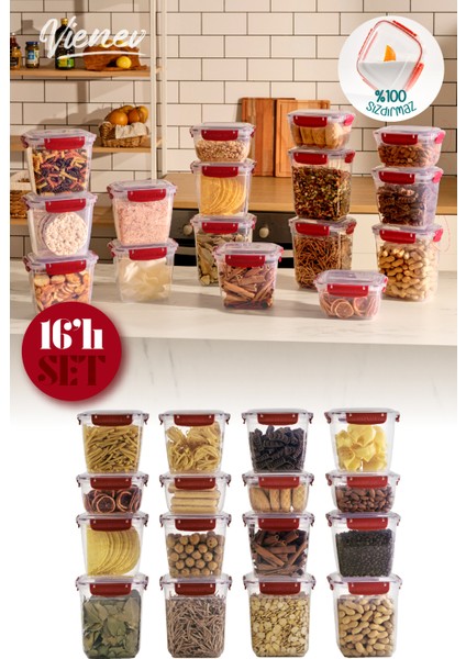 16LI Master Contalı Derin Dikdörtgen Saklama Kabı Seti 4X(2100,1000) 8X(1575) Kırmızı