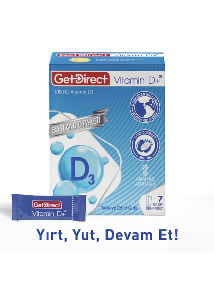 Vitamin D+ 1000 IU Başlangıç Paketi Vitamin D3 İçeren Takviye Edici Gıda 7 Saşe