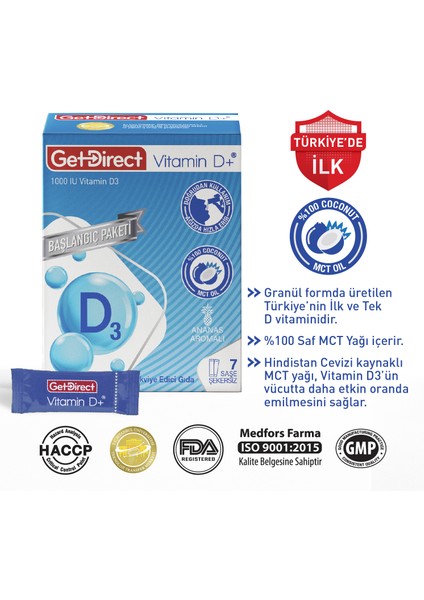 Vitamin D+ 1000 IU Başlangıç Paketi Vitamin D3 İçeren Takviye Edici Gıda 7 Saşe modelleri