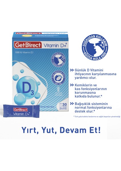 Vitamin D+ 1000 IU Vitamin D3 İçeren Takviye Edici Gıda 30 Saşe