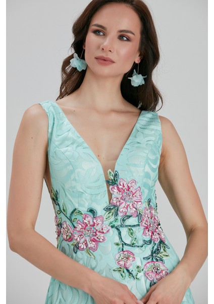Abiye Elbise Çiçek Detaylı Mint Abiye Elbise 7626MINT