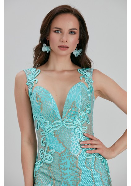 Abiye Elbise Dantel Detaylı Mint Abiye Elbise 7555MINT
