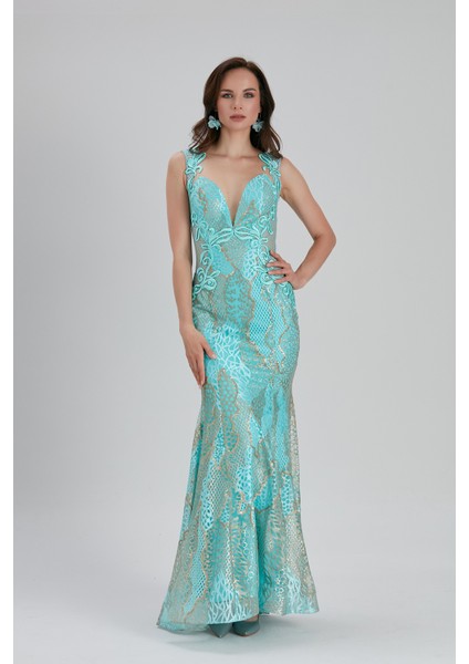 Abiye Elbise Dantel Detaylı Mint Abiye Elbise 7555MINT