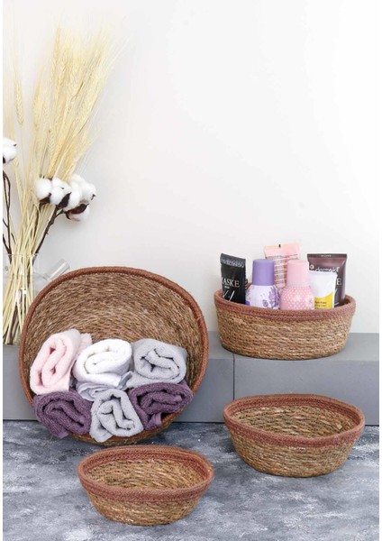 HOMENIVA HOMENIVA Naturel Hasır Sepet Organizer, Banyo Organizer, Kahverengi Şeritli 4 Boy