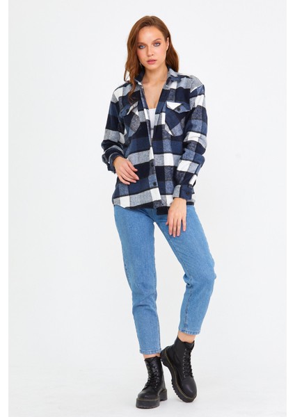 Mavi Kadın Slim Fit Düğmeli Yaka Çift Cepli Oduncu Ekose Gömlek fiyatları