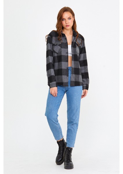 Antrasit Kadın Slim Fit Düğmeli Yaka Çift Cepli Oduncu Ekose Gömlek fiyatları