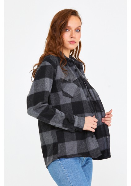 Antrasit Kadın Slim Fit Düğmeli Yaka Çift Cepli Oduncu Ekose Gömlek modelleri